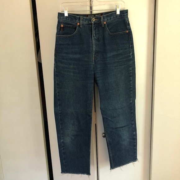Guess Denim - Guess Dark Wash High Waisted Straight Leg Cropped Jeans w/ Frayed Hem Sz 31